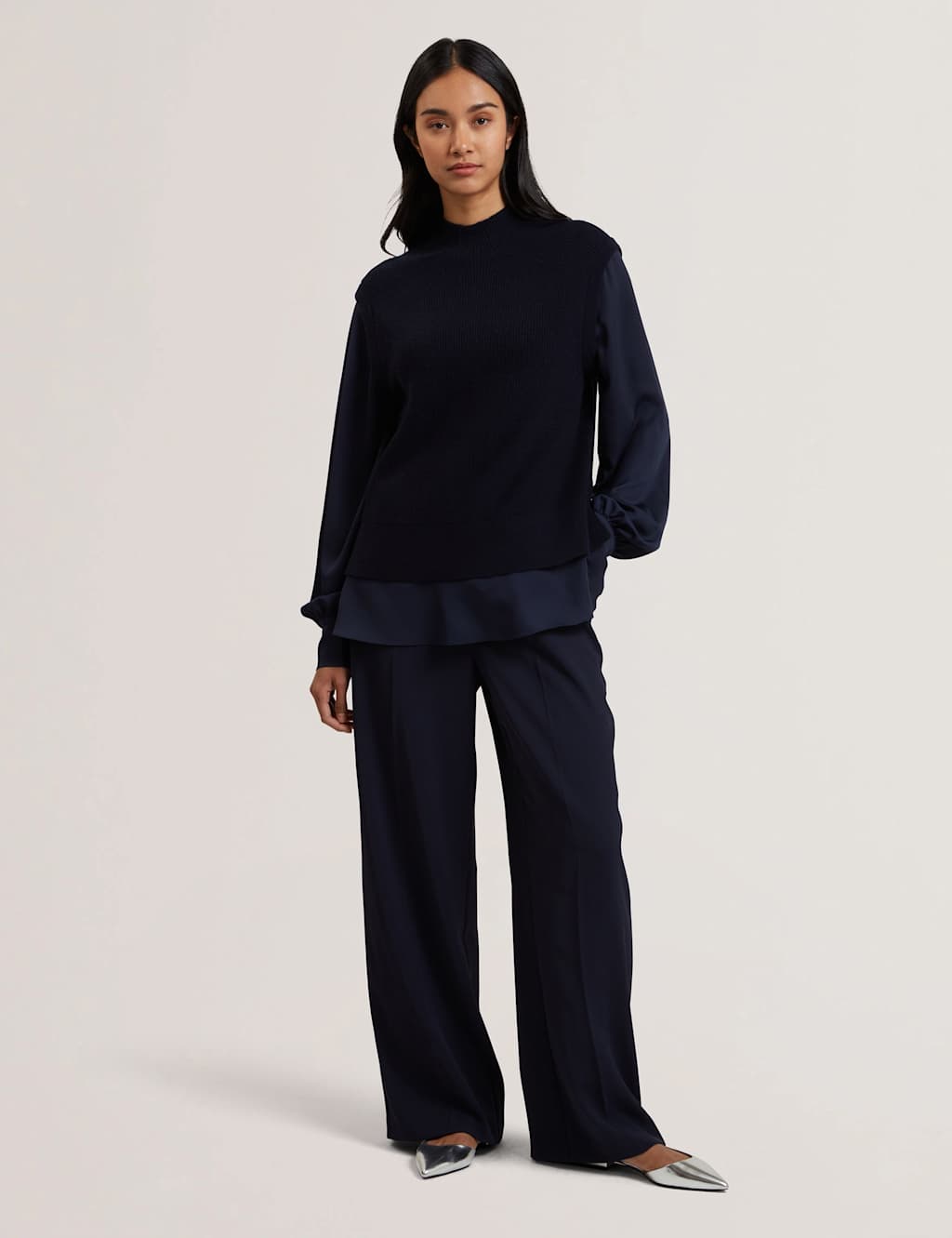 High Neck Woven Sleeve Knitted Jumper 3 of 6