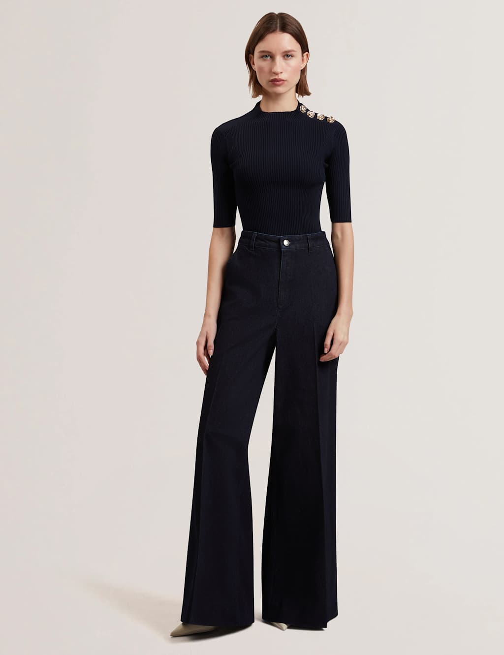 Ribbed High Neck Button Detail Top 3 of 6