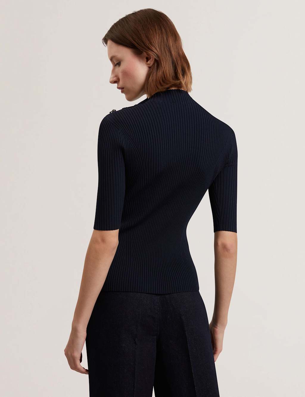 Ribbed High Neck Button Detail Top 4 of 6