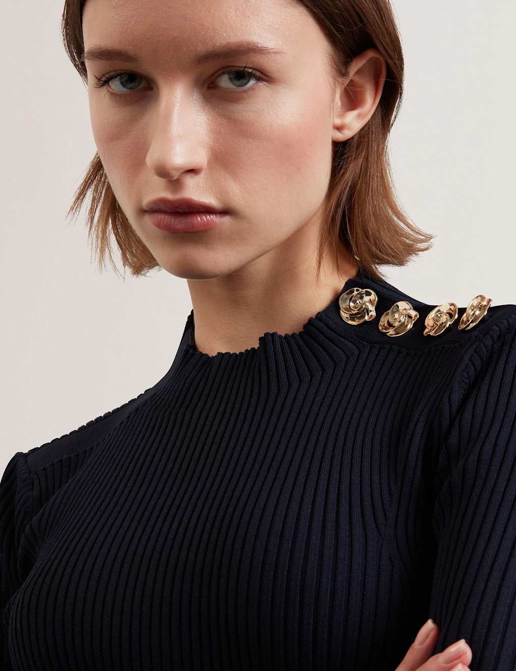 Ribbed High Neck Button Detail Top 5 of 6