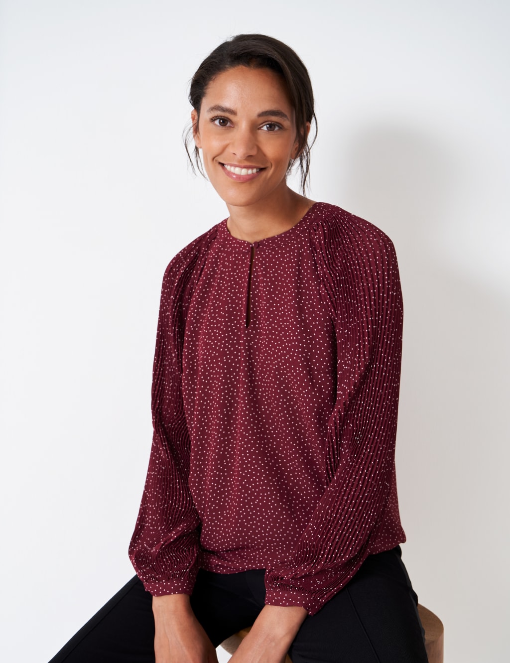 Polka Dot Crew Neck Blouson Sleeve Blouse 1 of 5