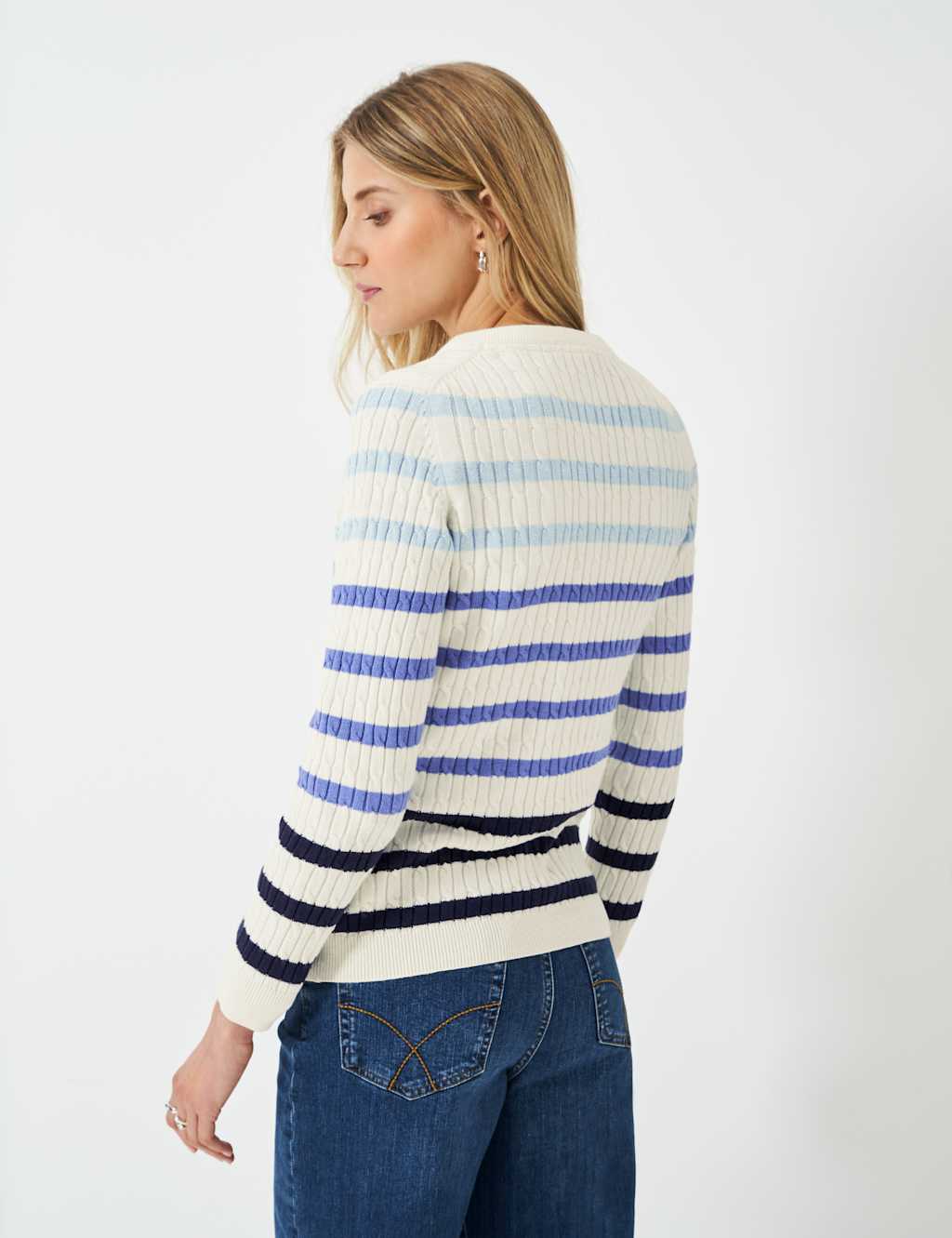 Cotton Rich Striped Cable Knit V-Neck Jumper 4 of 5