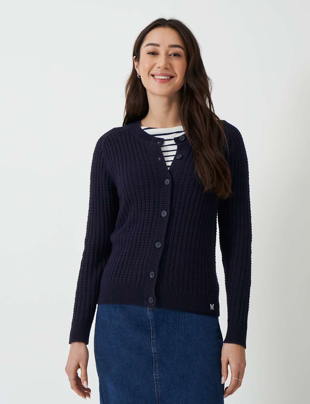Cotton Blend Textured Crew Neck Cardigan 4 of 5