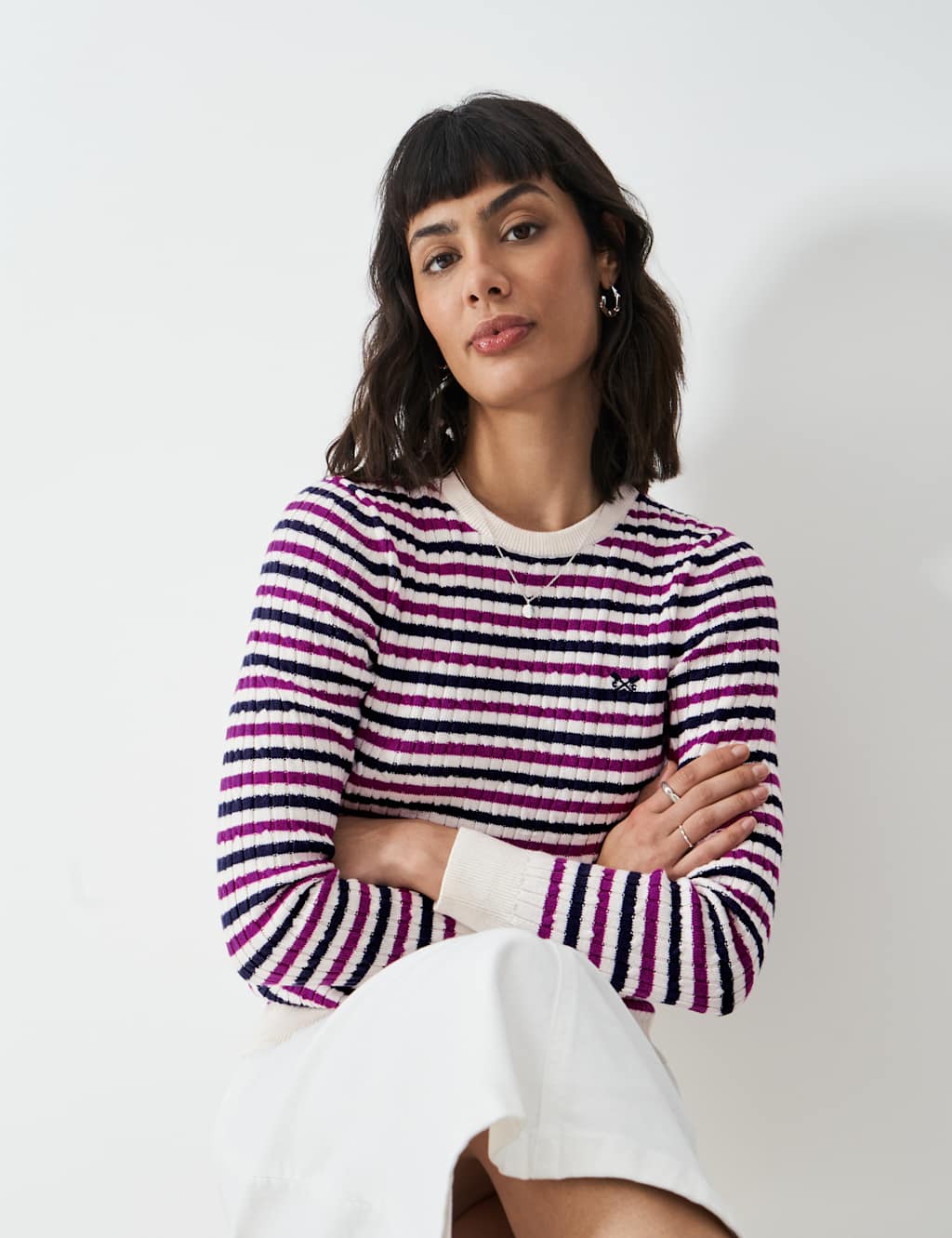Cotton Rich Cable Knit Striped Jumper 3 of 5