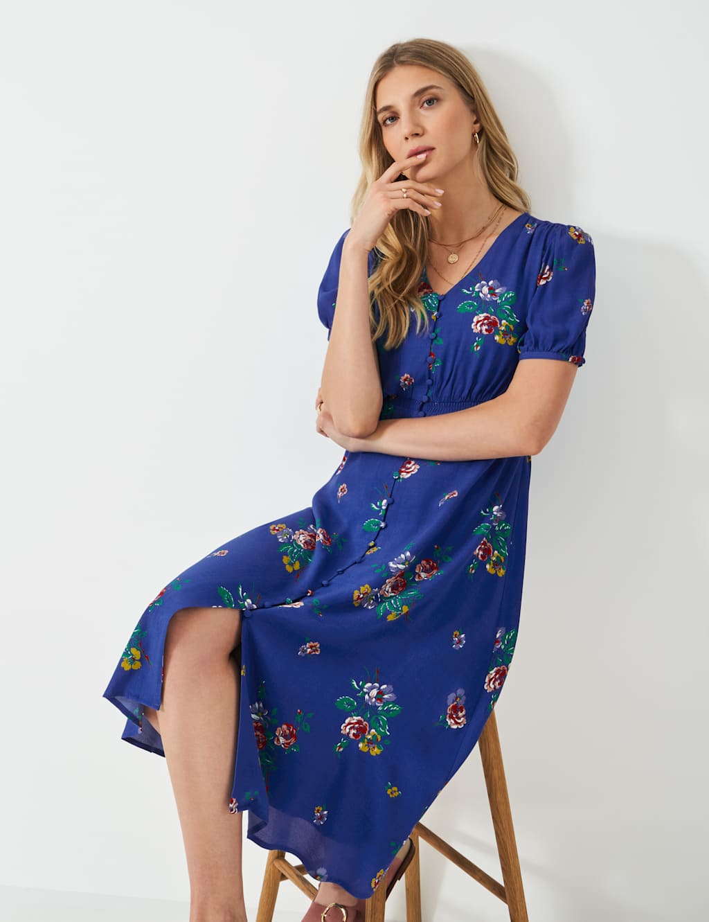 Floral V-Neck Puff Sleeve Midi Tea Dress 3 of 5