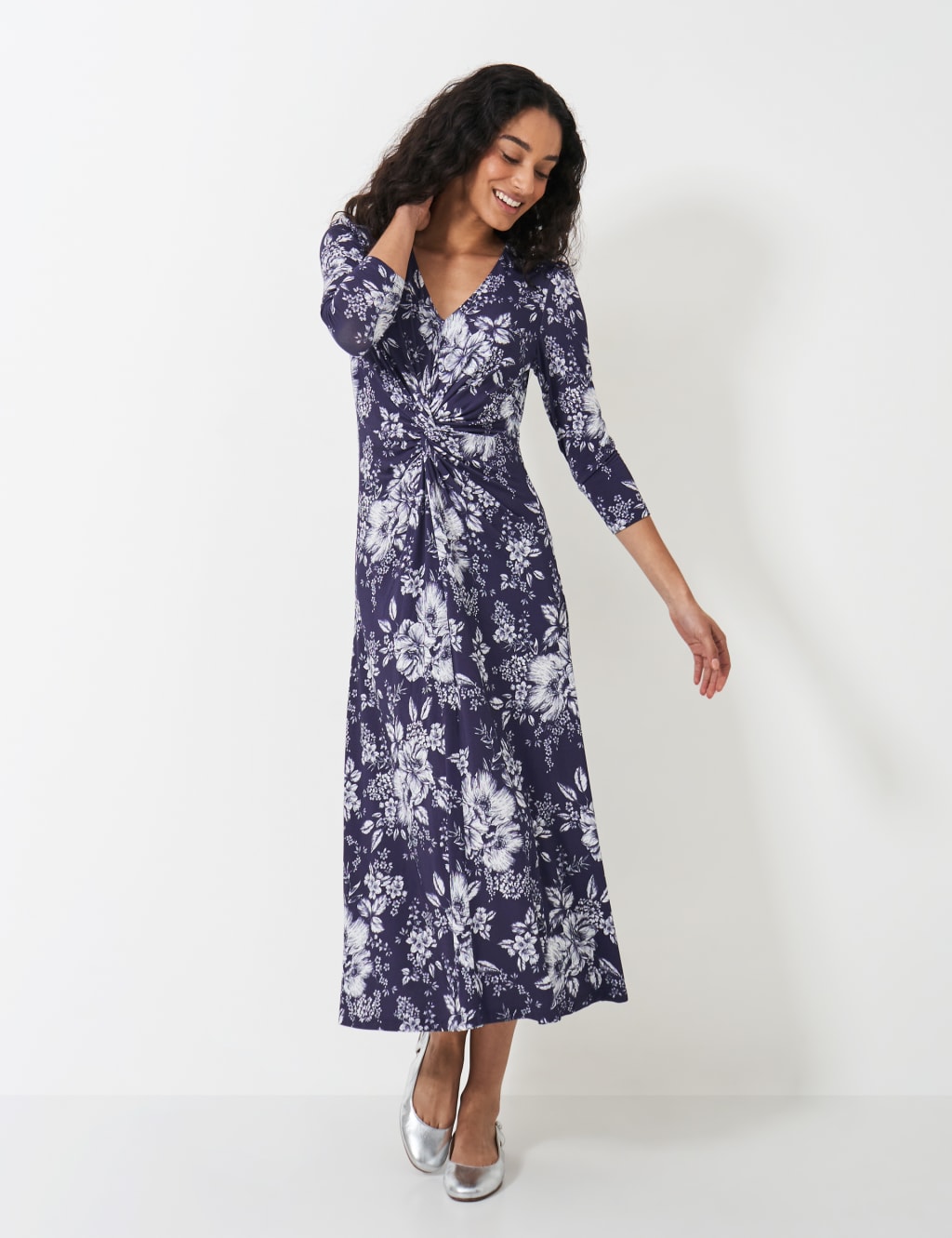 Jersey Floral V-Neck Midi Waisted Dress 1 of 5