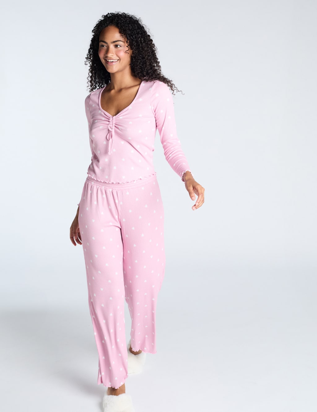 Ribbed Heart Print Wide Leg Pyjama Set