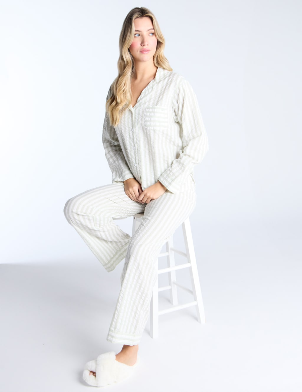 Pure Cotton Seersucker Striped Pyjama Set 2 of 5