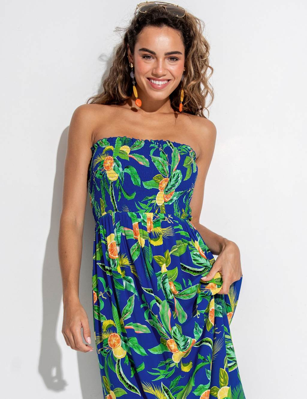 Printed Strapless Shirred Maxi Beach Dress 6 of 7