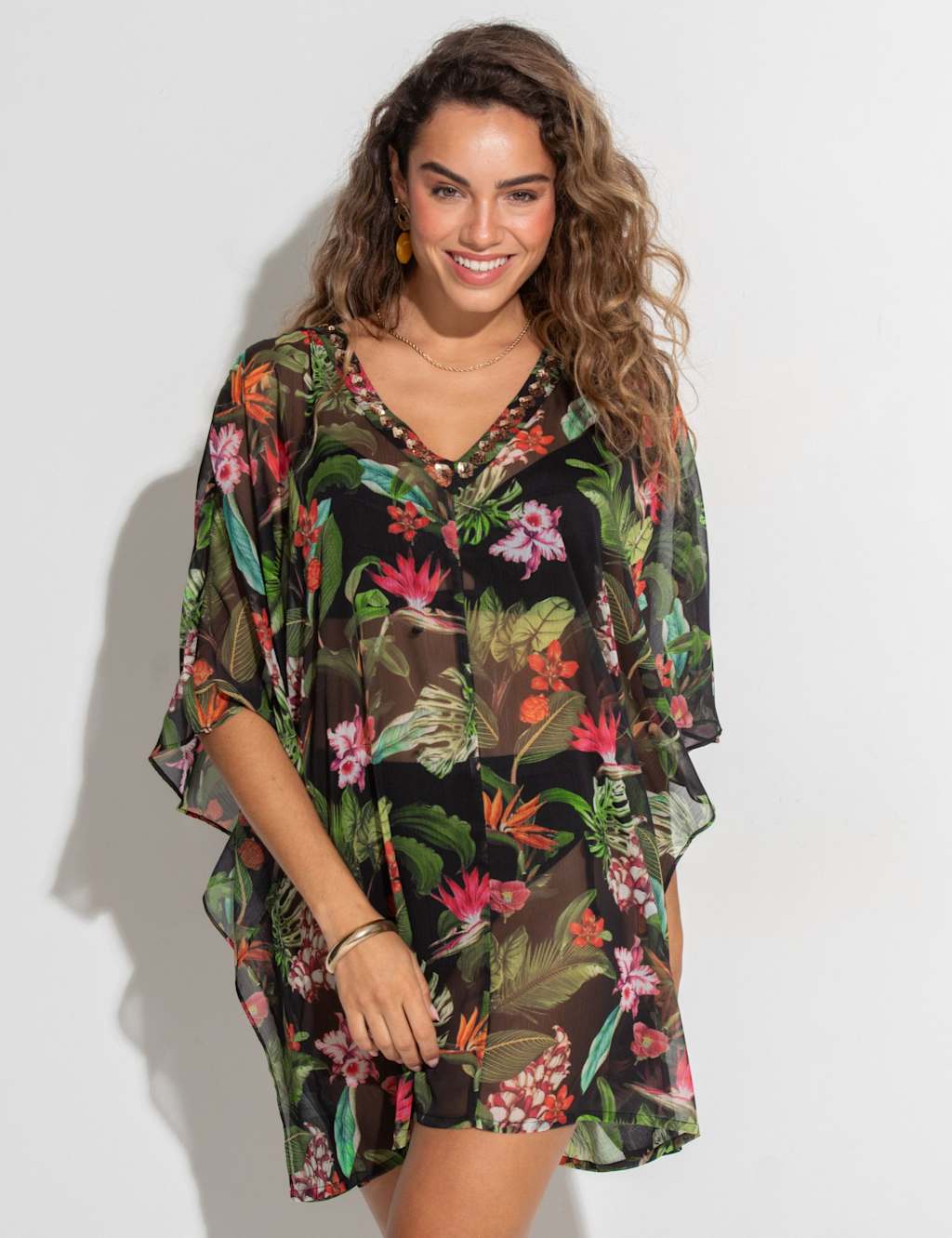 Chiffon Embellished Printed V-Neck Mini Kaftan 3 of 7