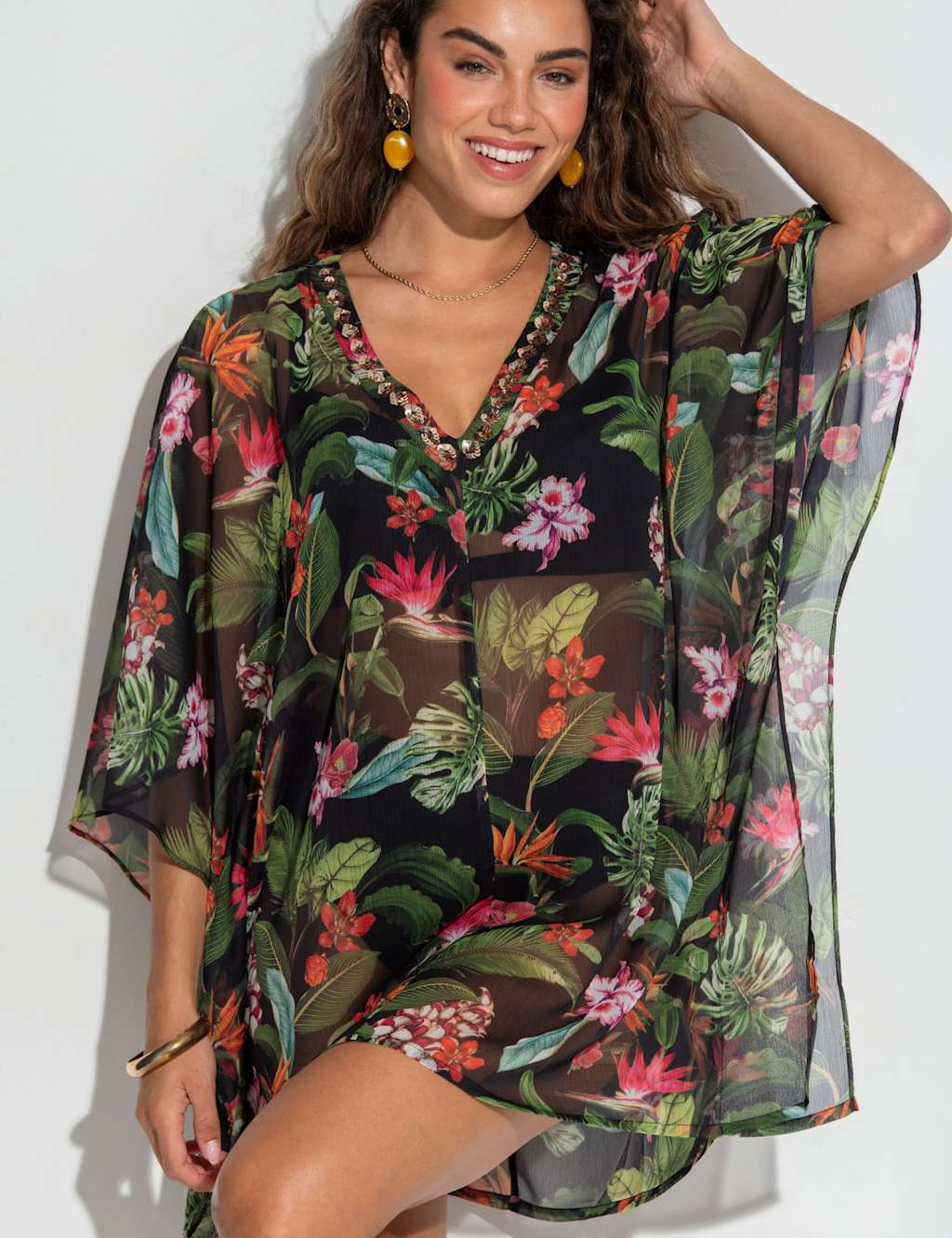 Chiffon Embellished Printed V-Neck Mini Kaftan 5 of 7
