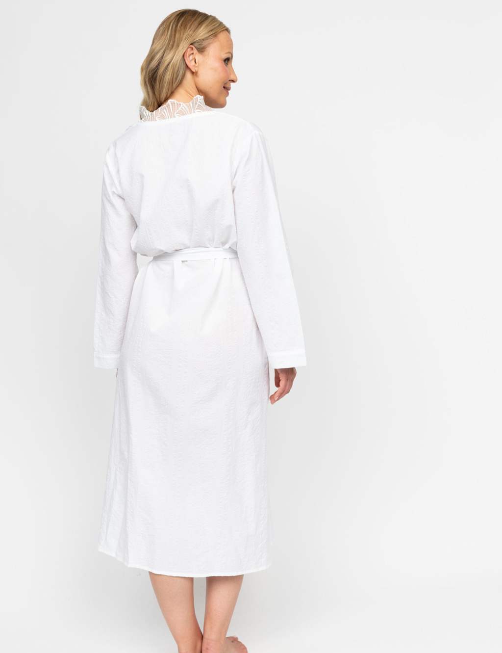 Pure Cotton Seersucker Lace Trim Dressing Gown 3 of 4
