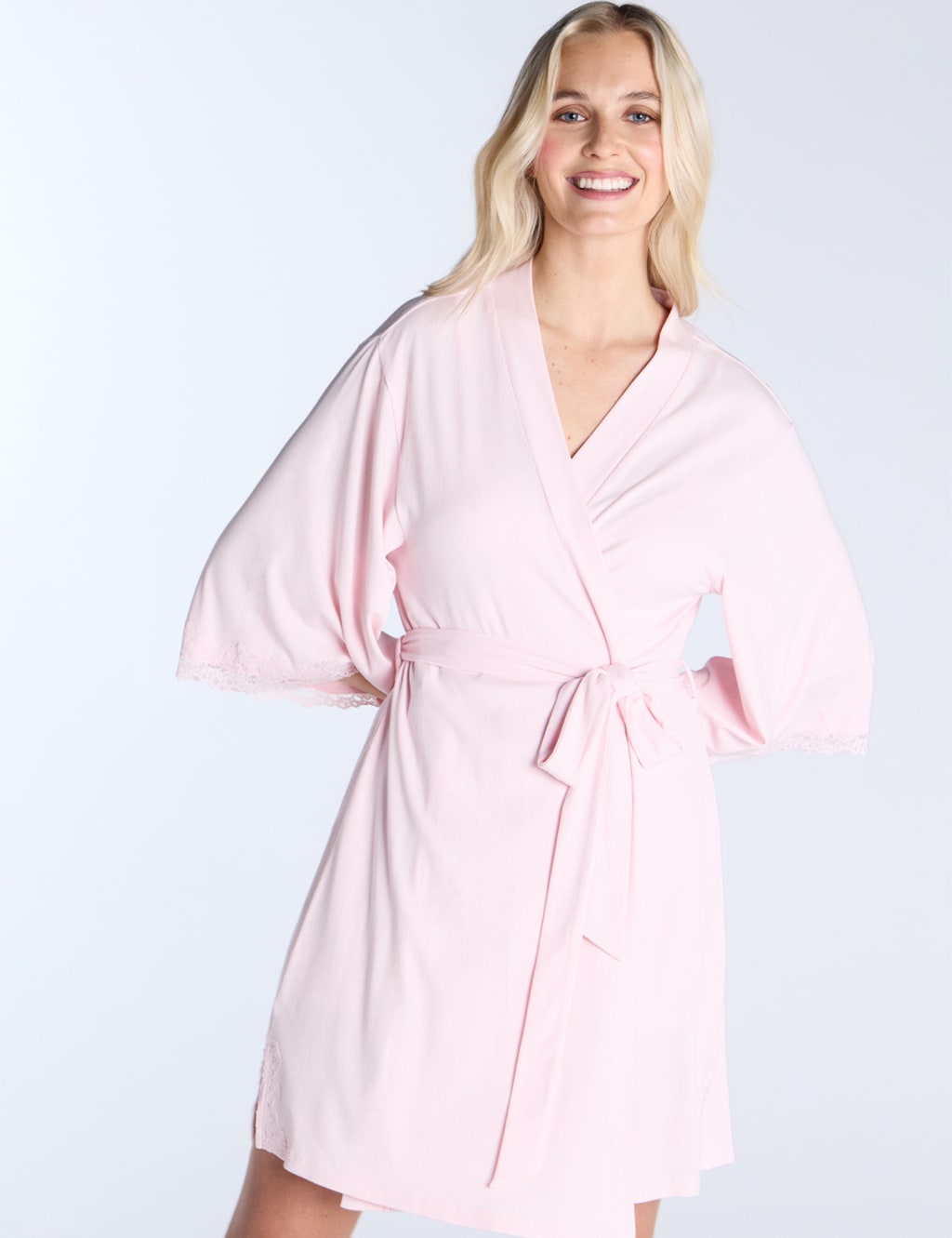 Modal Rich Ribbed Lace Trim Tie Short Robe 2 of 6