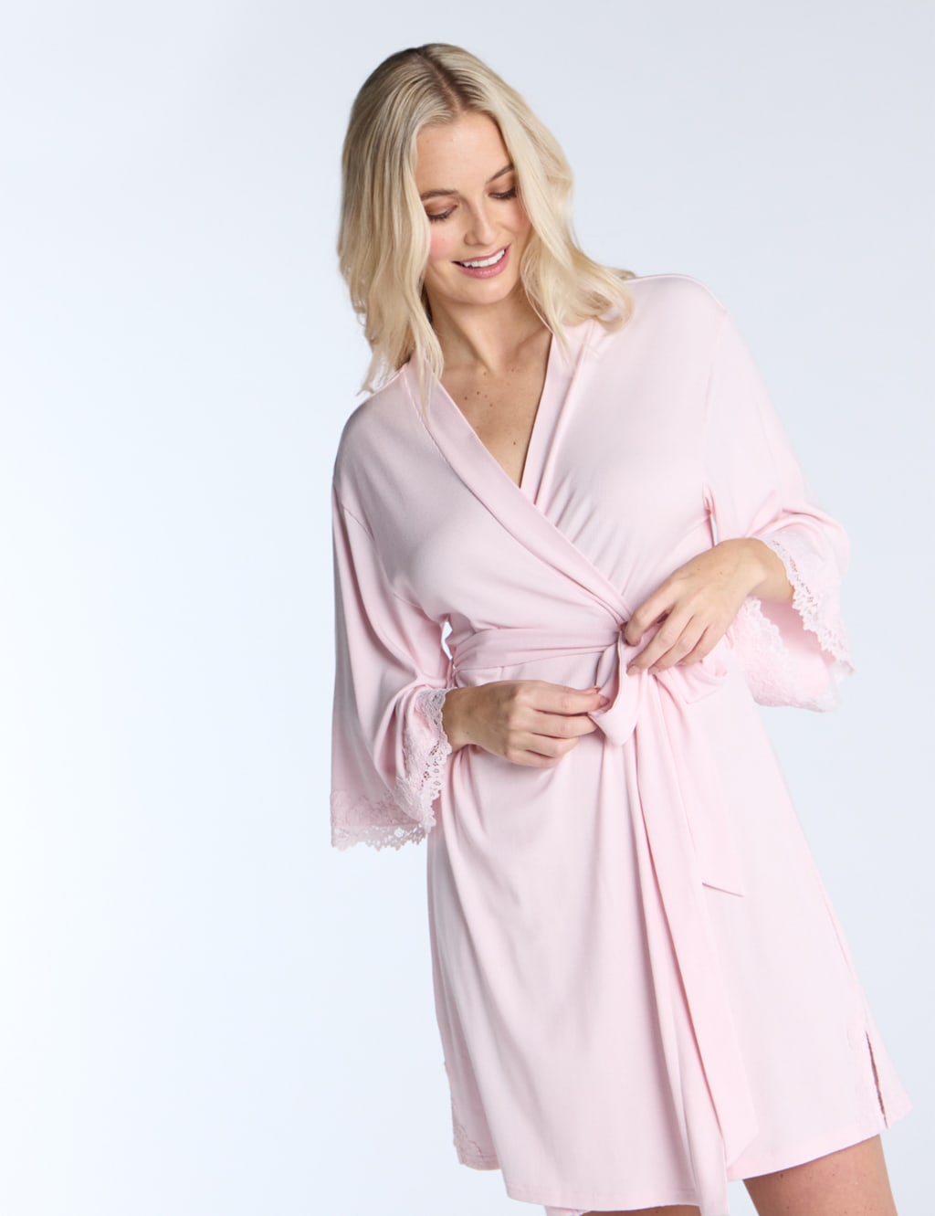 Modal Rich Ribbed Lace Trim Tie Short Robe 3 of 6