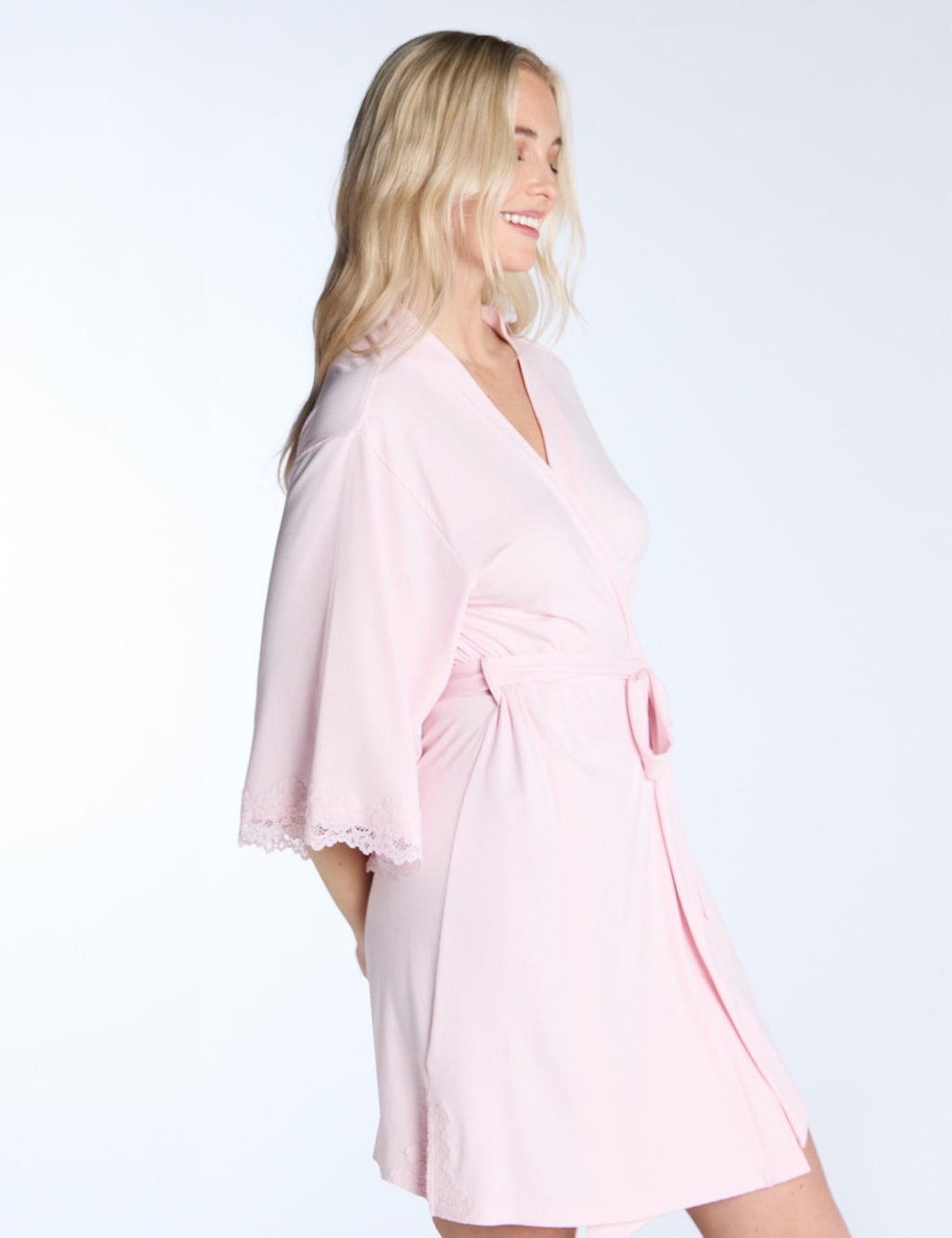 Modal Rich Ribbed Lace Trim Tie Short Robe 5 of 6