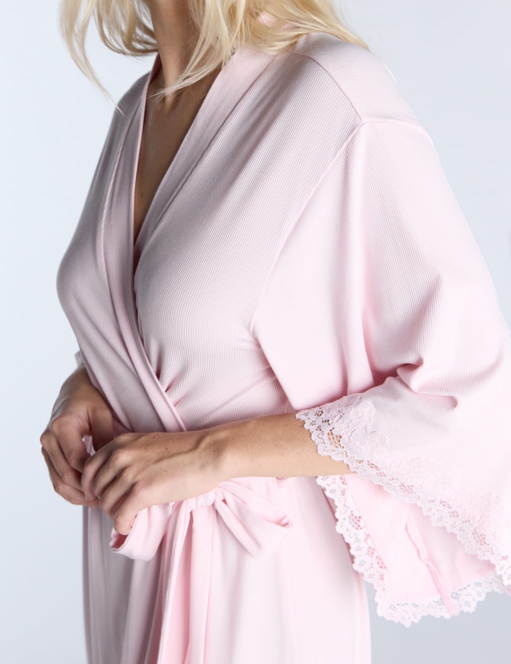 Modal Rich Ribbed Lace Trim Tie Short Robe 6 of 6