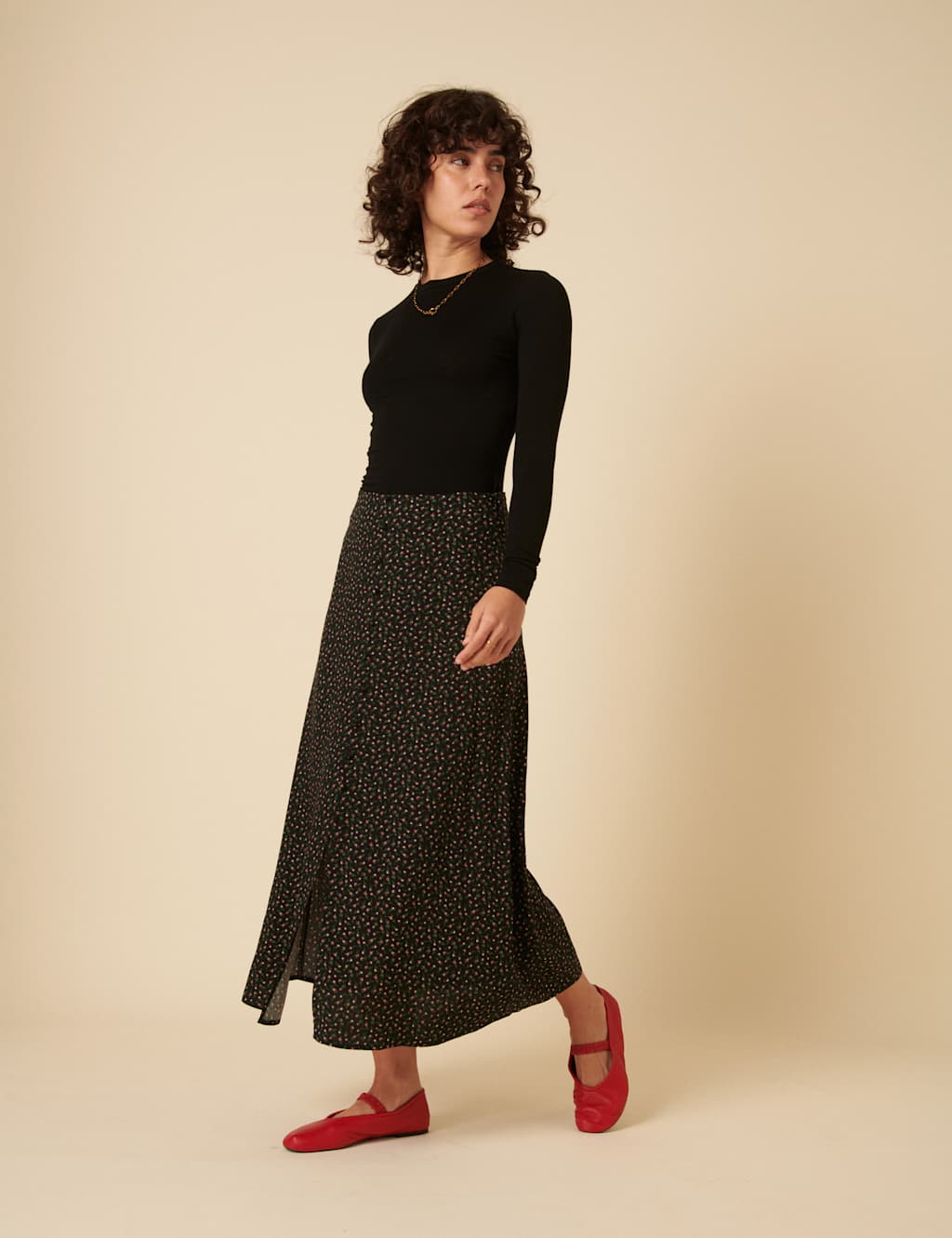 Floral Split Front Midi A-Line Skirt 3 of 8