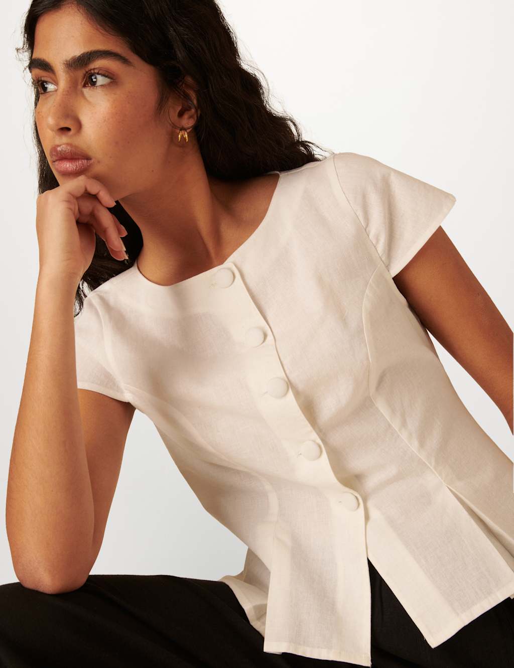 Linen Blend Pleat Detail Button Through Top 2 of 9