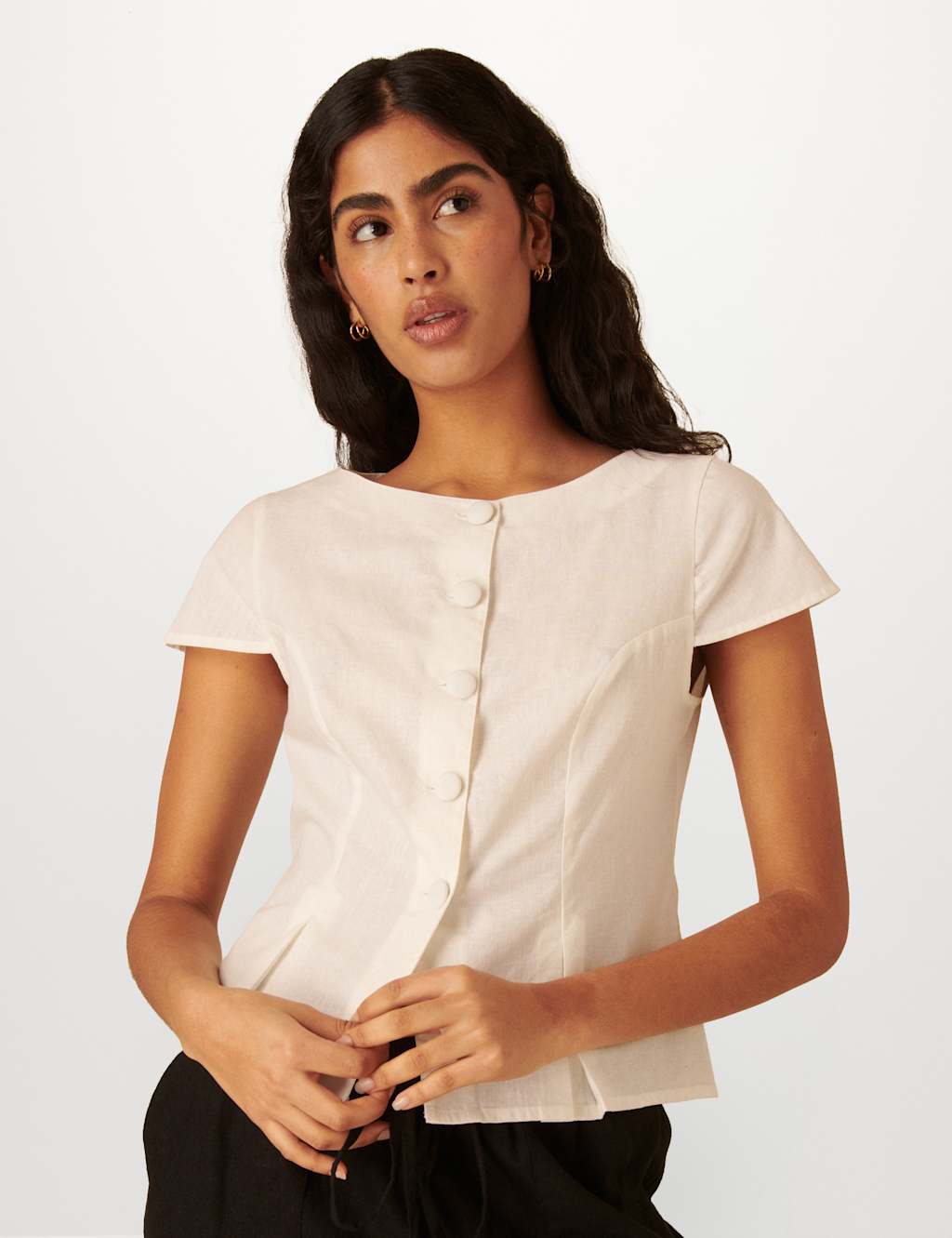 Linen Blend Pleat Detail Button Through Top 8 of 9