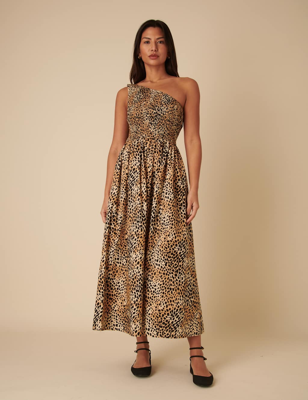 Pure Cotton Animal Print One Shoulder Midaxi Waisted Dress 2 of 5