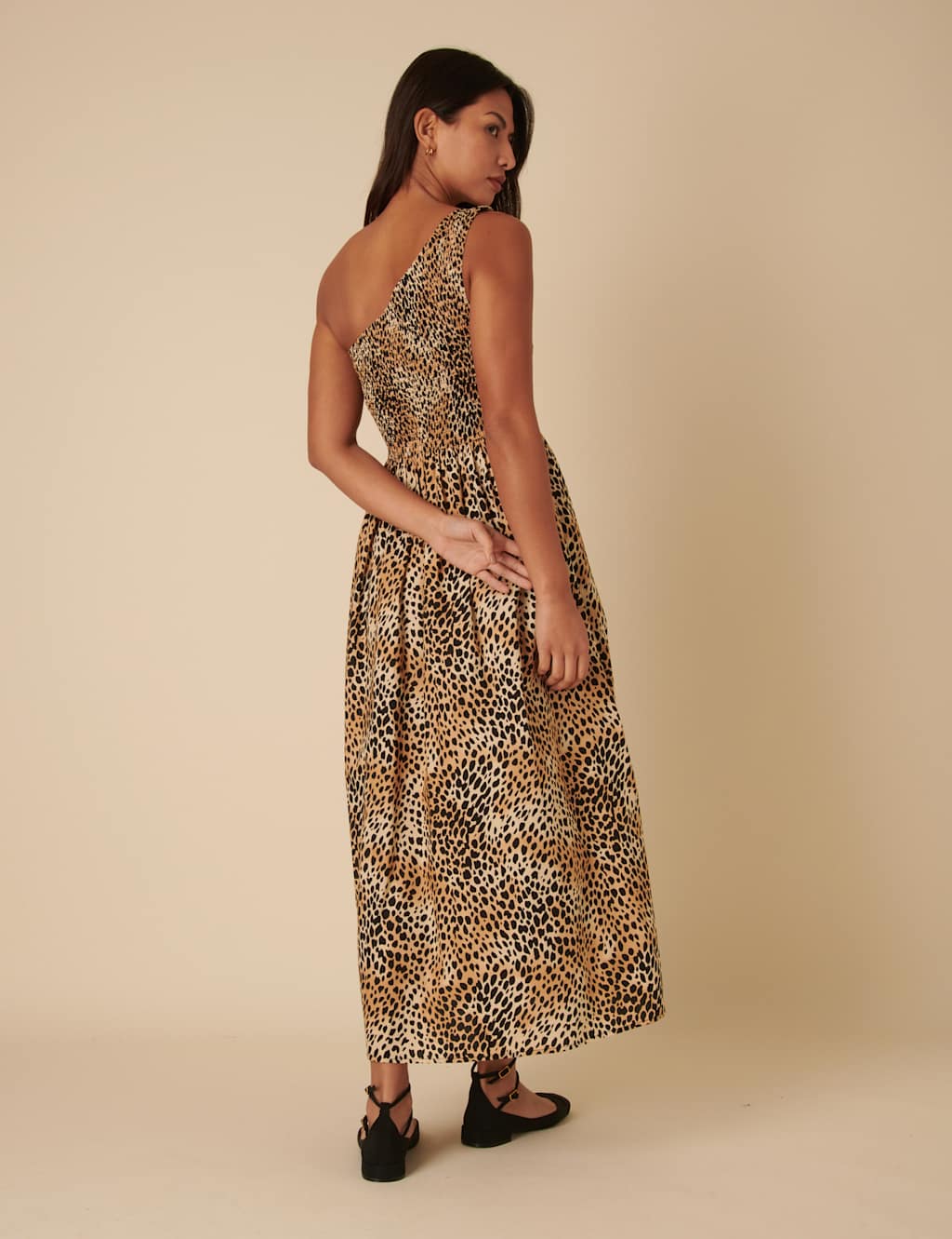 Pure Cotton Animal Print One Shoulder Midaxi Waisted Dress