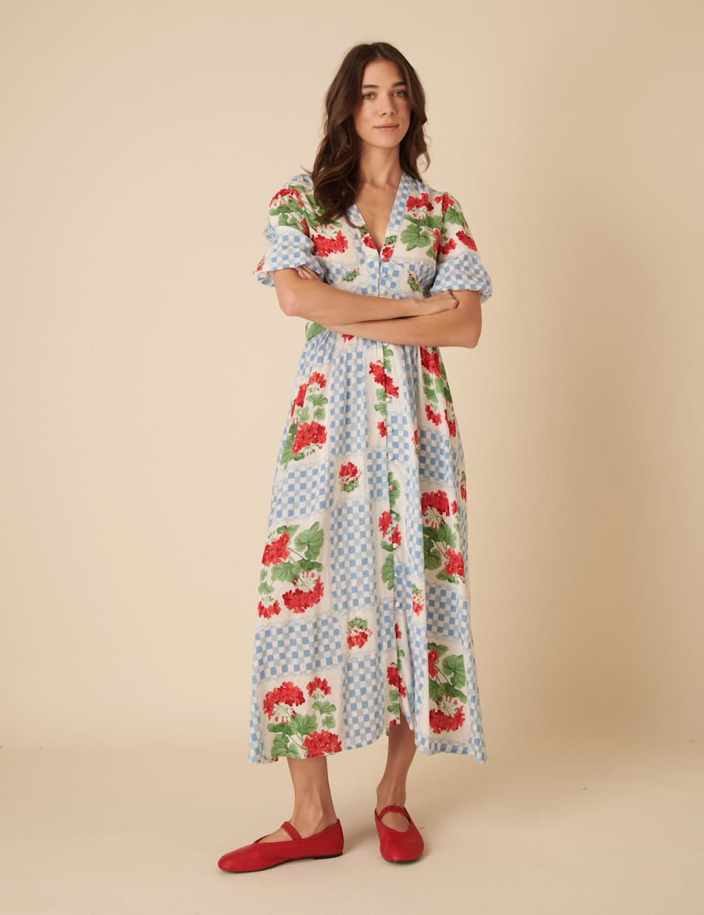 Lyocell Rich Floral V-Neck Midaxi Waisted Dress 2 of 4