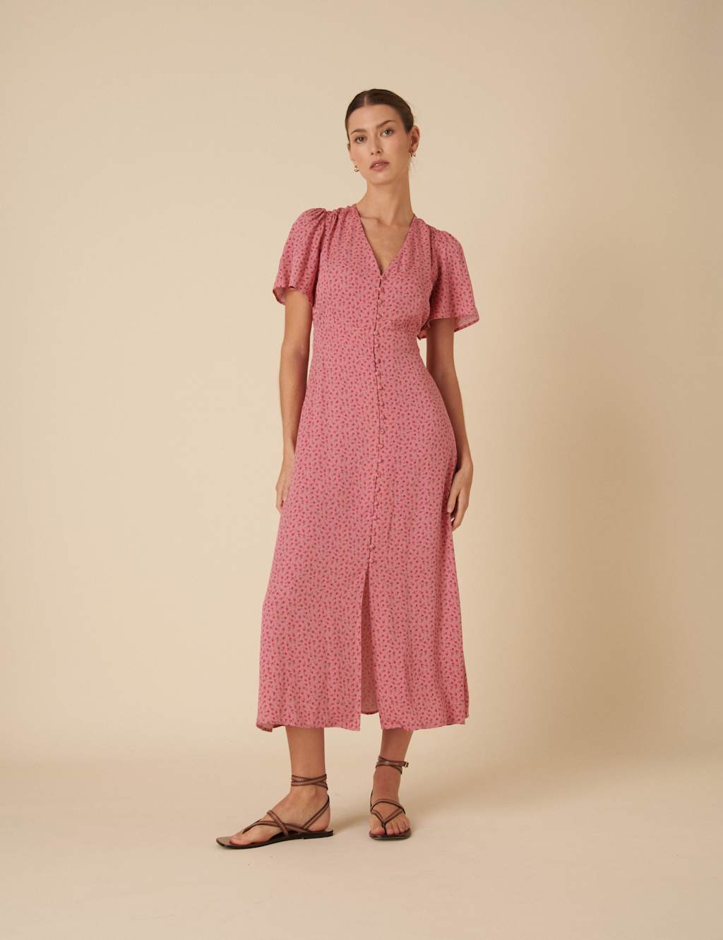Floral V-Neck Button Through Midaxi Tea Dress 1 of 4
