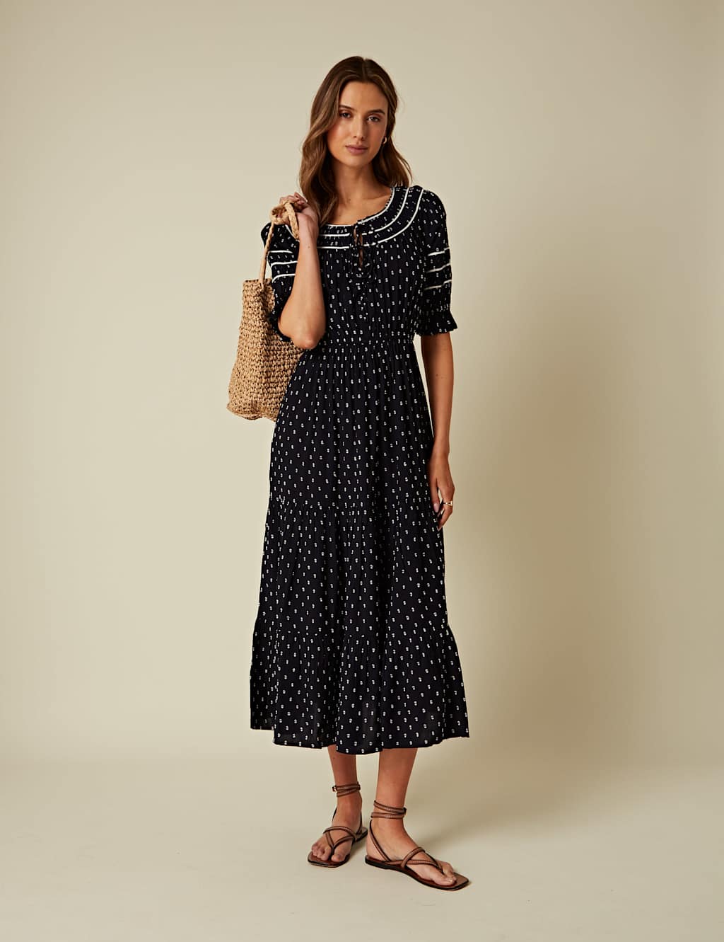 Pure Cotton Printed Tie Neck Midi Smock Dress 1 of 4