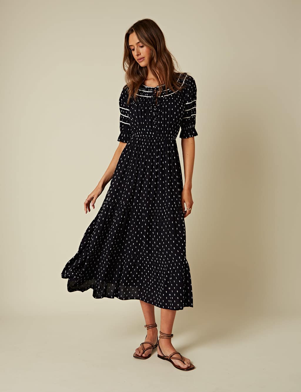 Pure Cotton Printed Tie Neck Midi Smock Dress 2 of 4