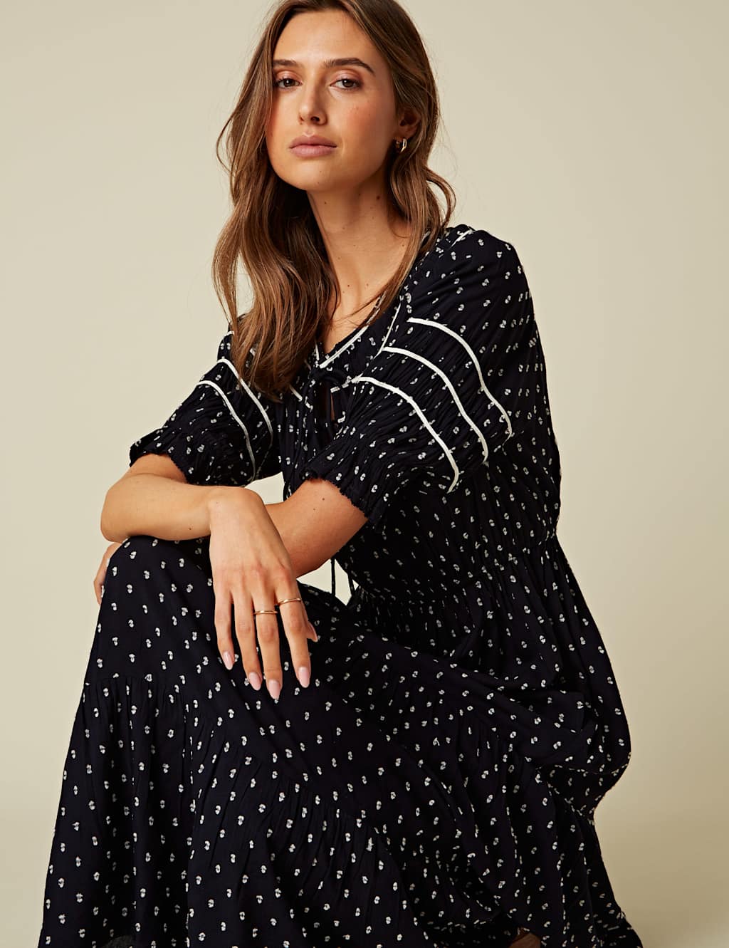Pure Cotton Printed Tie Neck Midi Smock Dress 4 of 4
