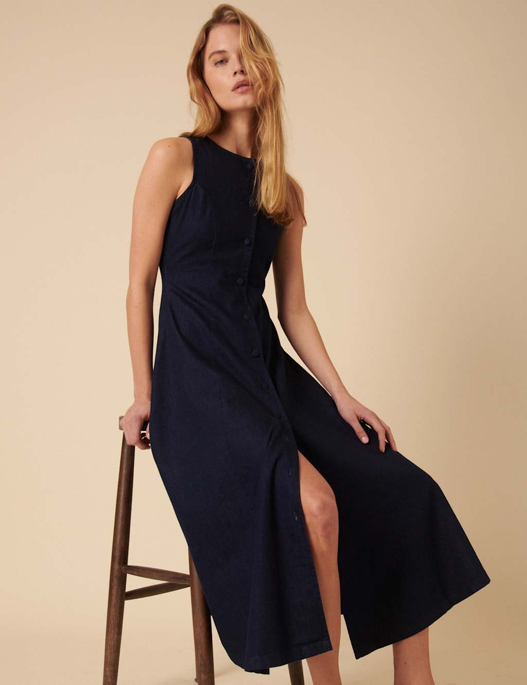 Pure Cotton Denim Button Through Midi Tea Dress 1 of 4