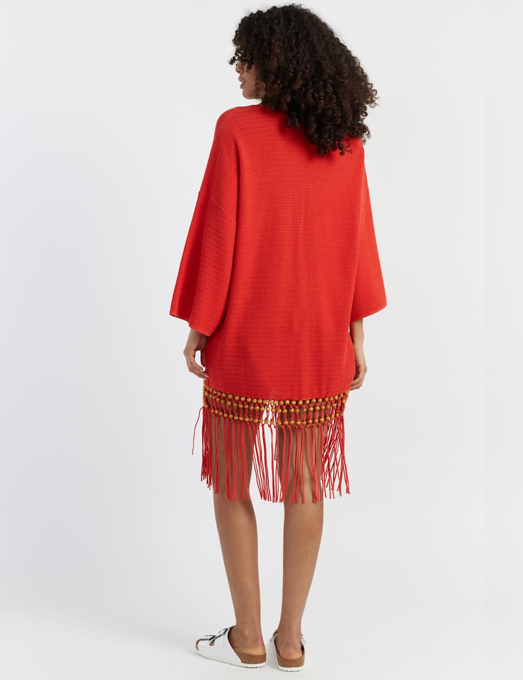 Pure Cotton Textured V-Neck Tassel Kaftan 3 of 3