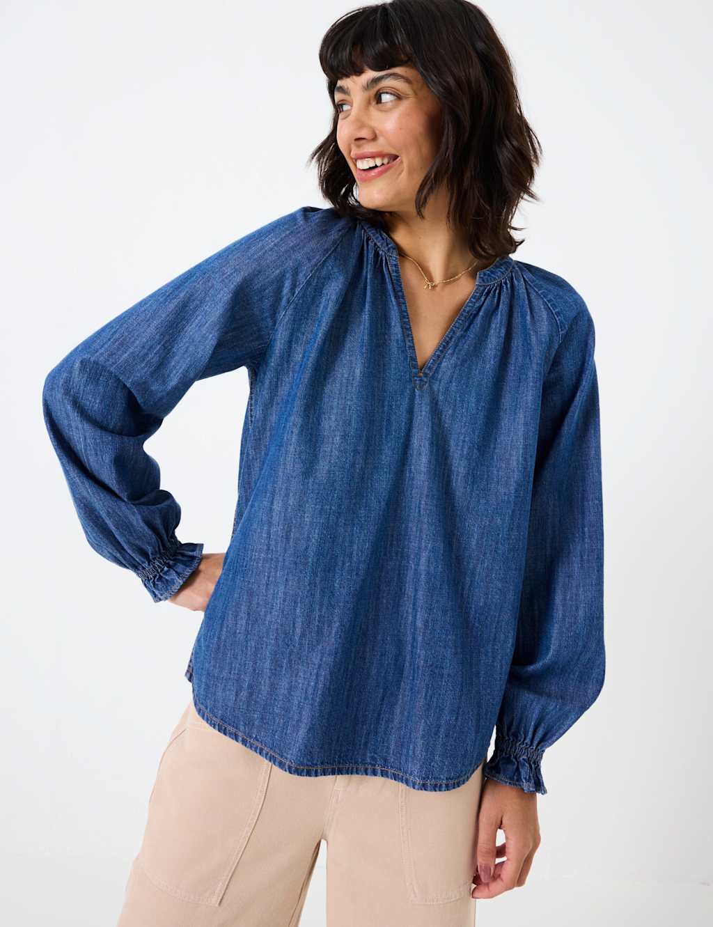Denim Notch Neck Popover Blouse 6 of 6