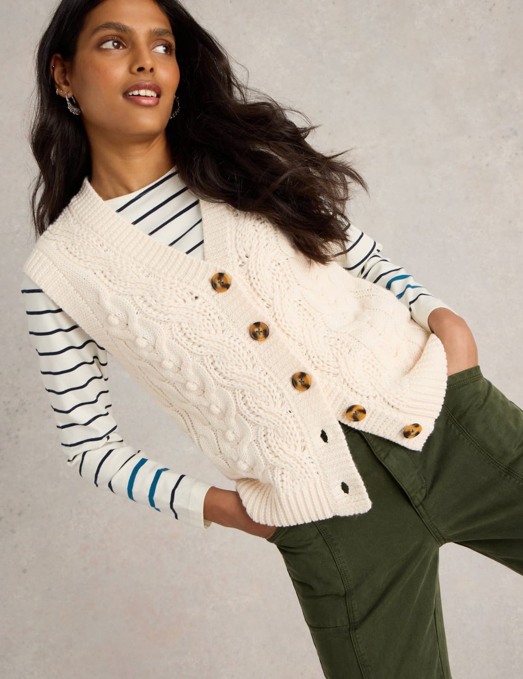 Wool Blend Cable Knit Sleeveless Cardigan