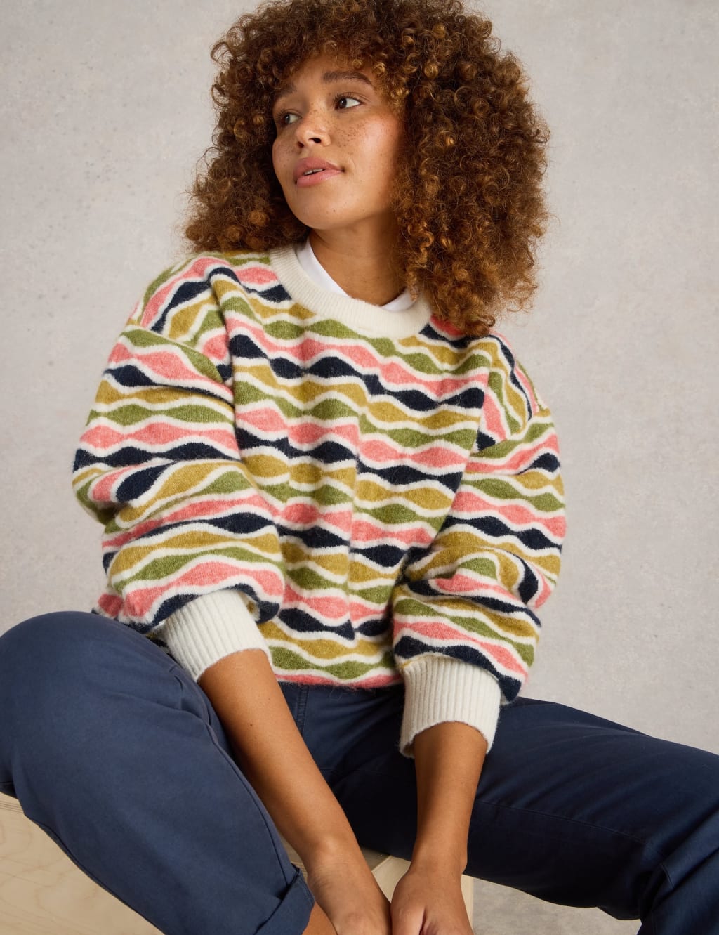 Geometric Crew Neck Blouson Sleeve Jumper White Stuff M S