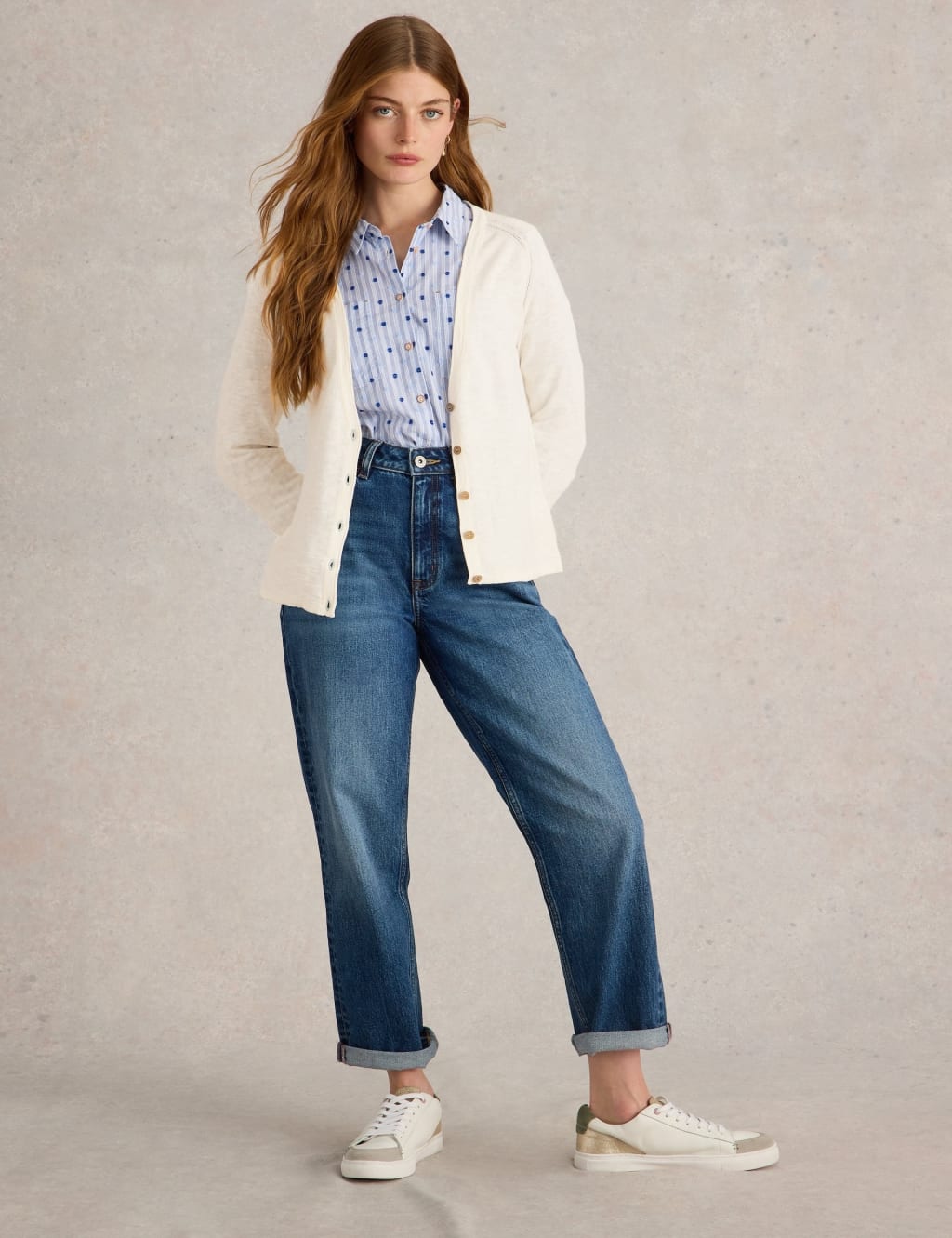 Cotton Rich V Neck Cardigan with Linen