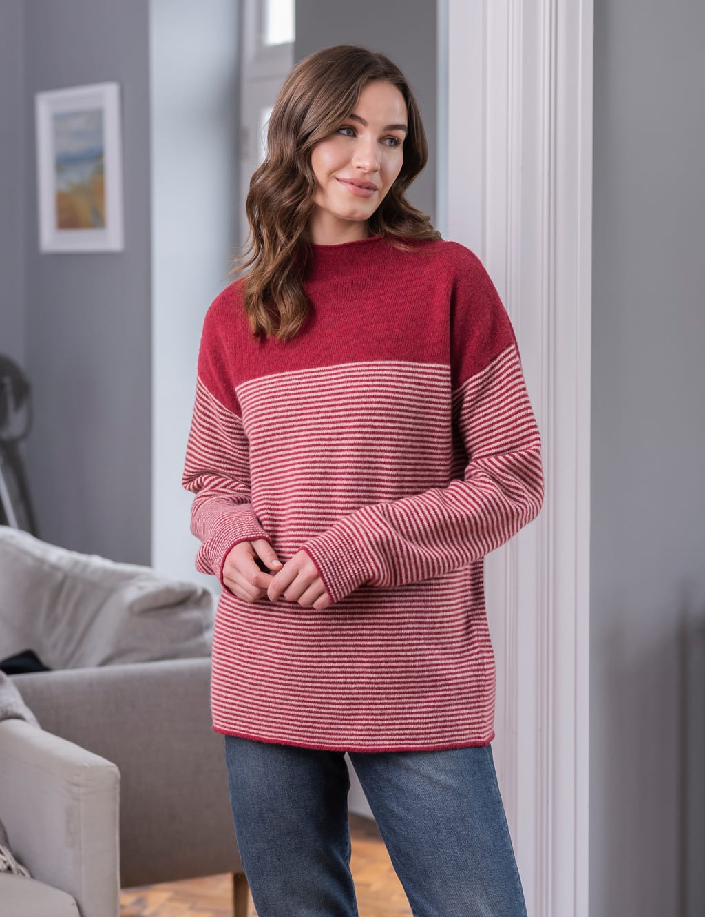 Pure Lambswool Striped Funnel Neck Jumper 4 of 9