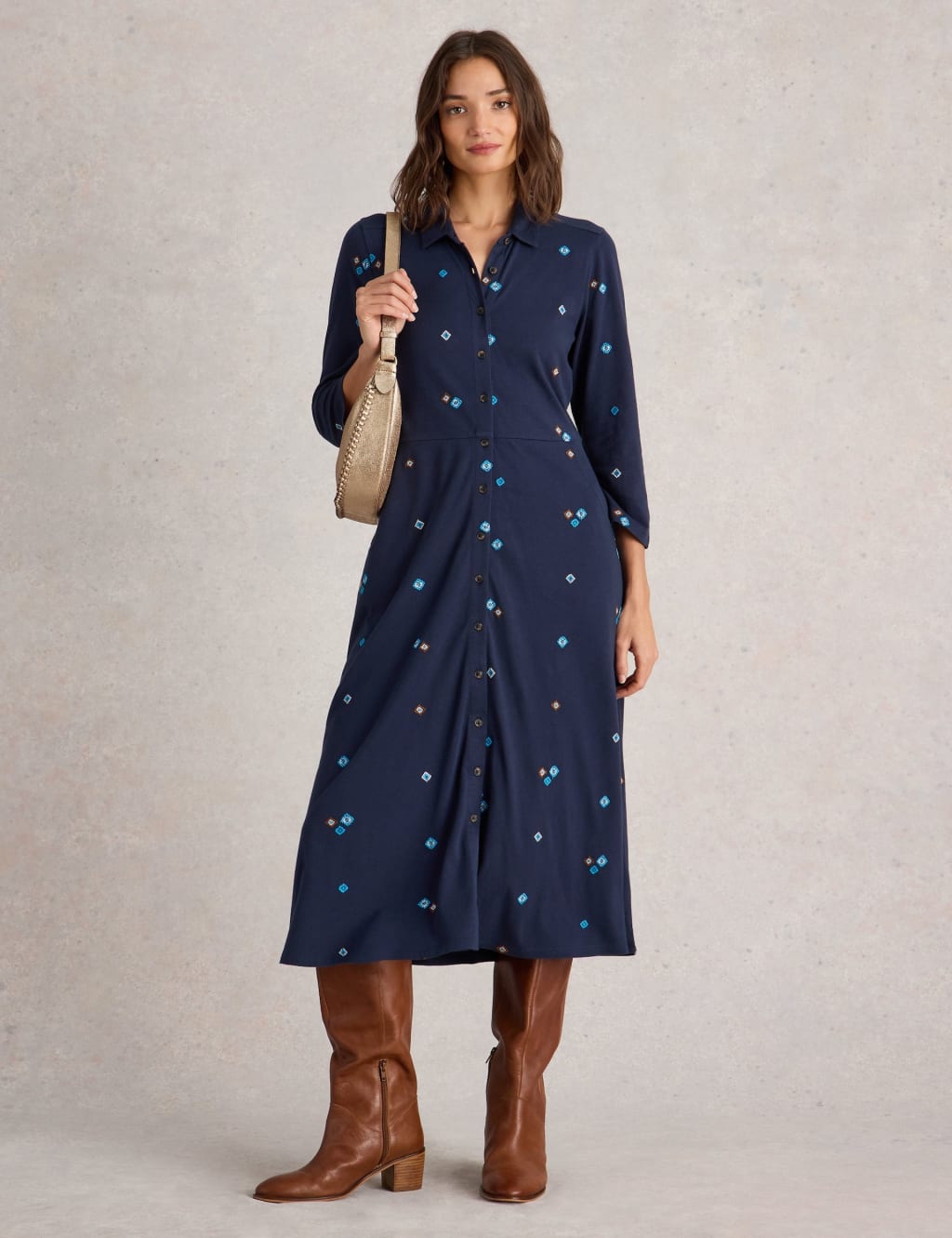 Jersey Embroidered Midi Shirt Dress