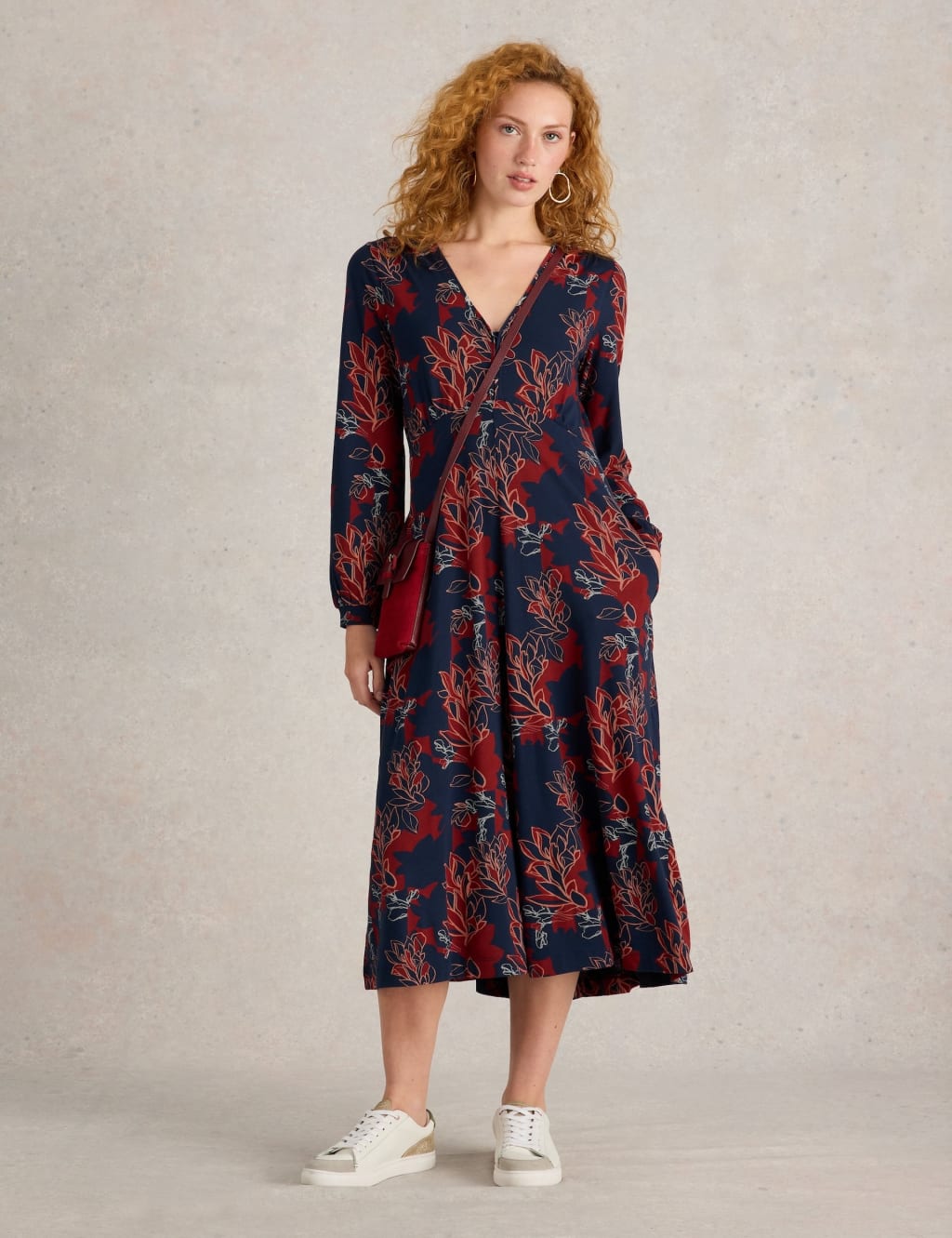 Jersey Floral V Neck Midi Waisted Dress White Stuff M S