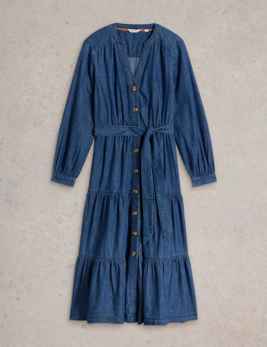 Denim Notch Neck Belted Midi Tiered Dress White Stuff M S