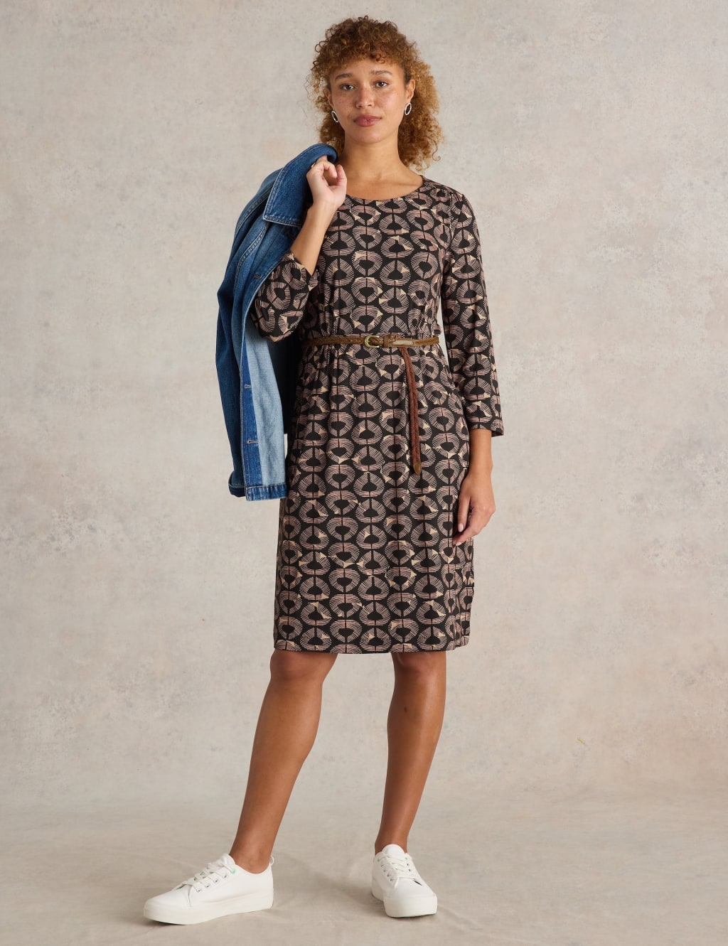 Jersey Printed V Neck Knee Length Tea Dress