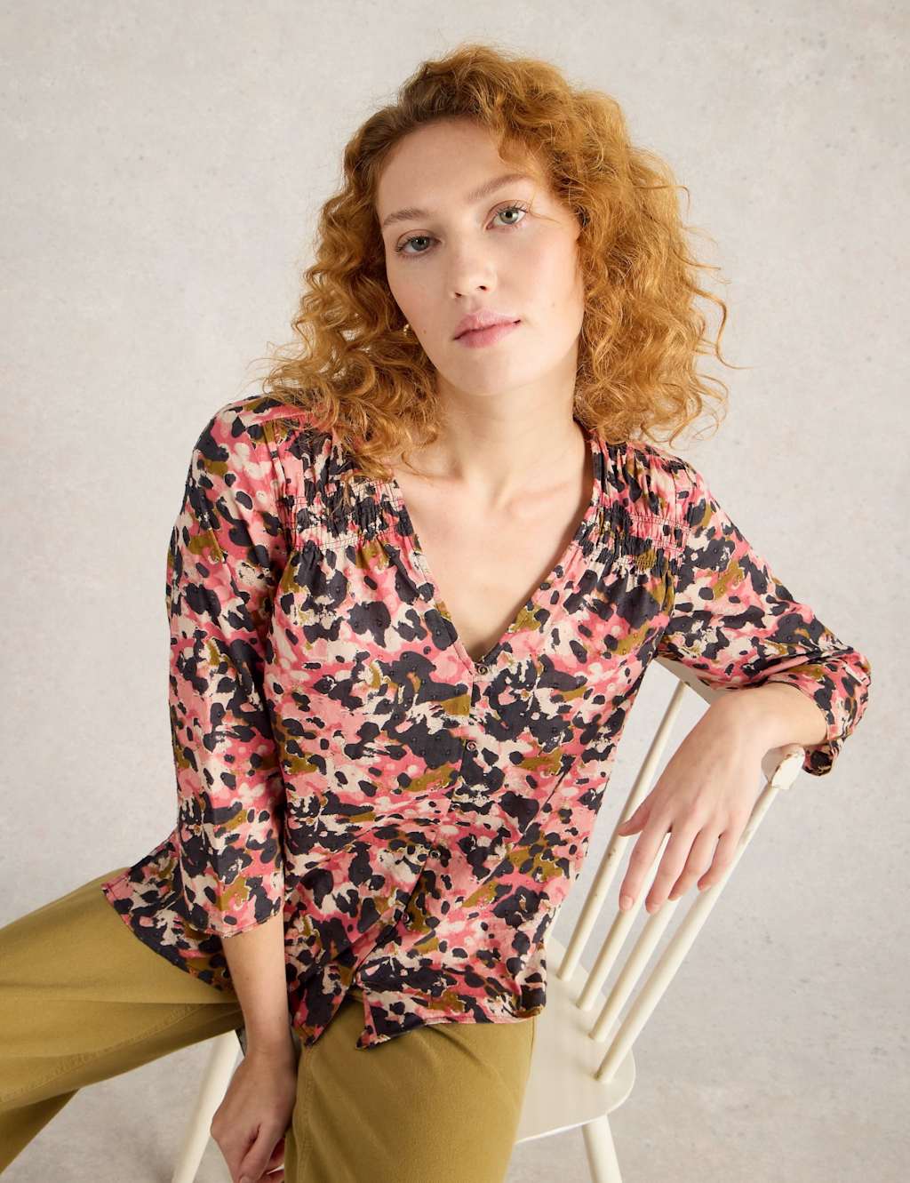 Pure Cotton Abstract V-Neck Shirred Blouse 1 of 7