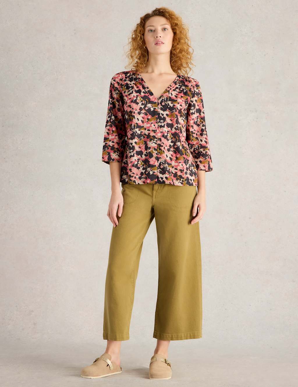 Pure Cotton Abstract V-Neck Shirred Blouse 4 of 7