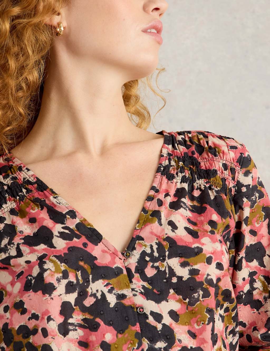Pure Cotton Abstract V-Neck Shirred Blouse 6 of 7