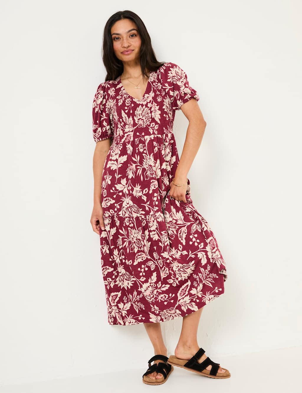 Cotton Rich Floral V-Neck Midi Waisted Dress 3 of 5