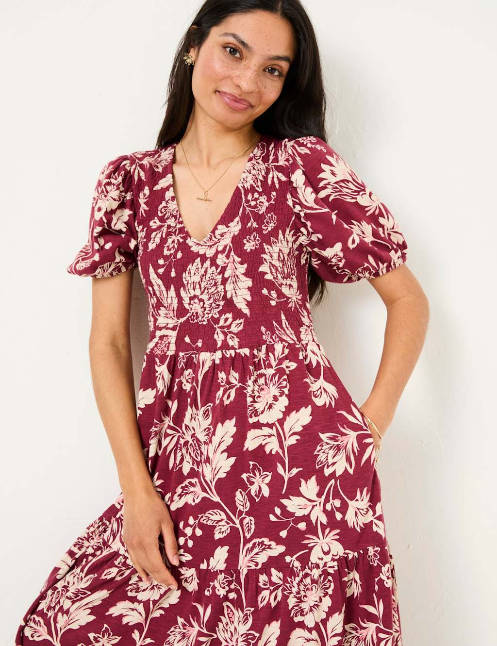 Cotton Rich Floral V-Neck Midi Waisted Dress 5 of 5
