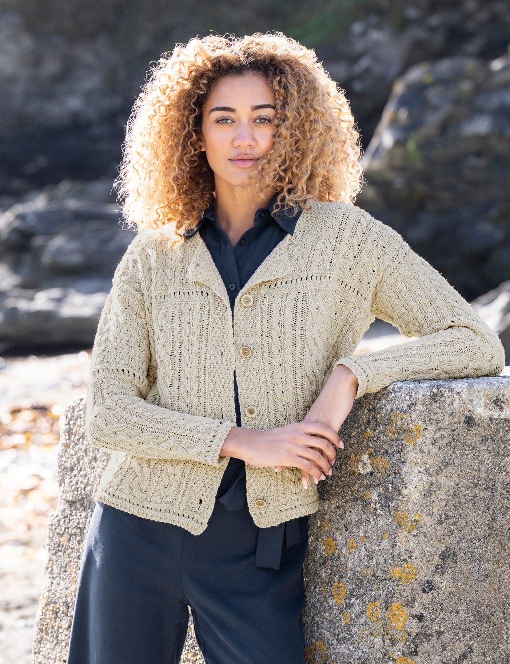 Cotton Rich Cable Knit Cardigan with Linen 1 of 4