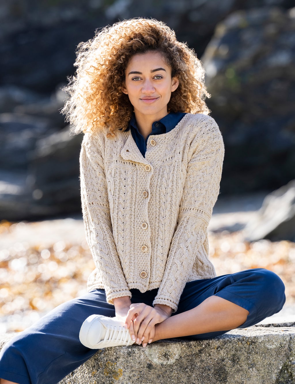 Cotton Rich Cable Knit Cardigan with Linen 3 of 4