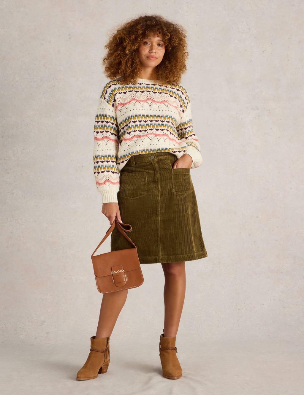 Cord Knee Length A Line Skirt