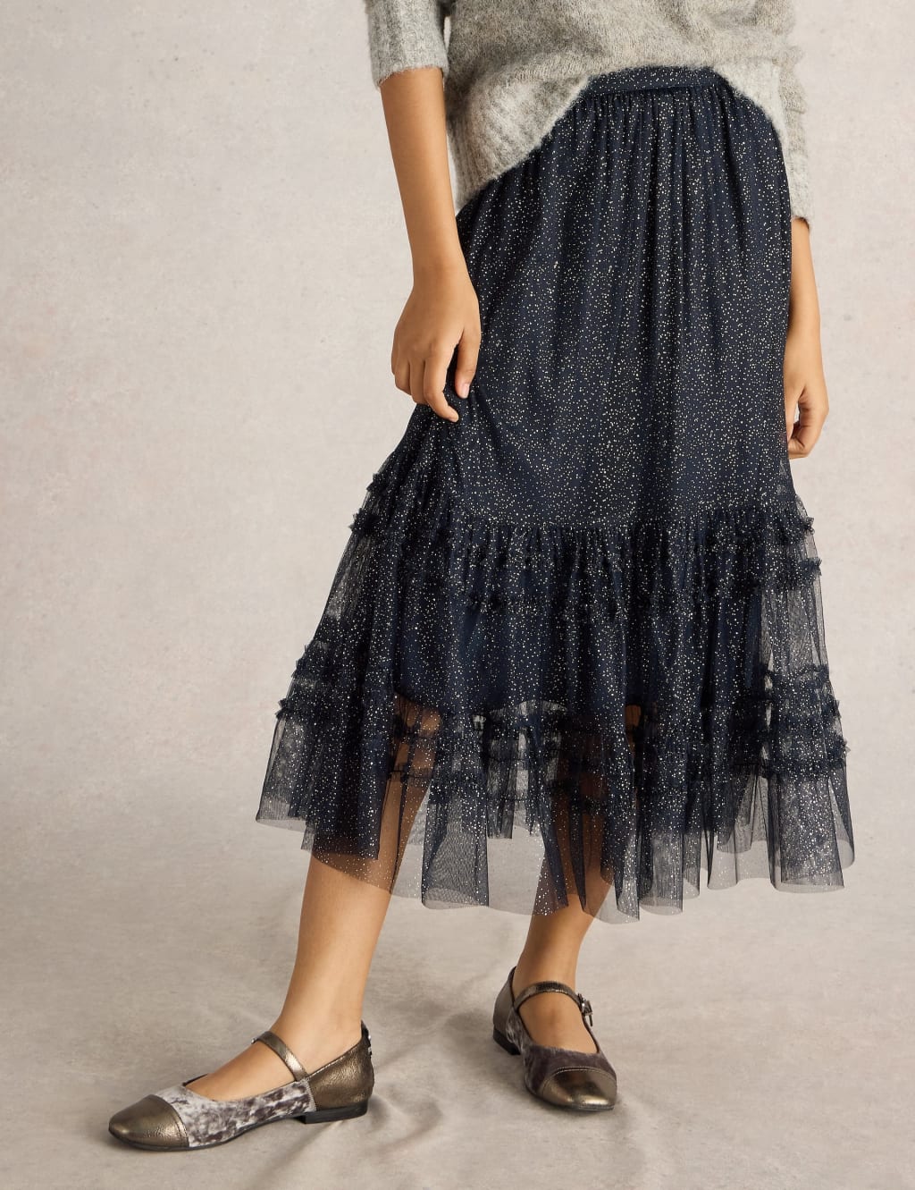 Sparkly Polka Dot Ruffle Midi A Line Skirt